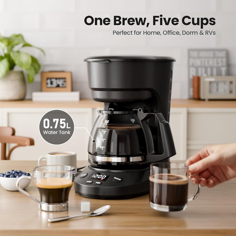 Kismile Compact Coffee Maker with LED Display, Small Drip Coffee Machine with Anti-Drip System, Timer, Auto Shut-Off, Dry-Boil Protection, Removable Funnel, Ideal for Home & Office (Black) - Image 2